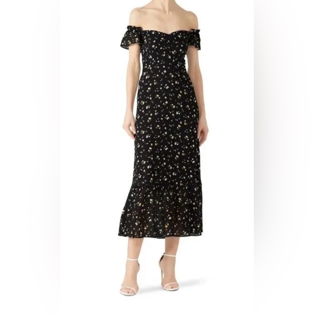 REFORMATION BLACK VENEZIA FLORAL PRINT OFF THE SHOULDER DRESS